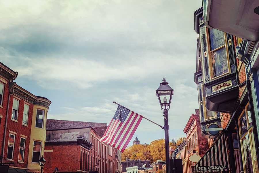 Medina OH - View Of Small Town Buildings And Flag